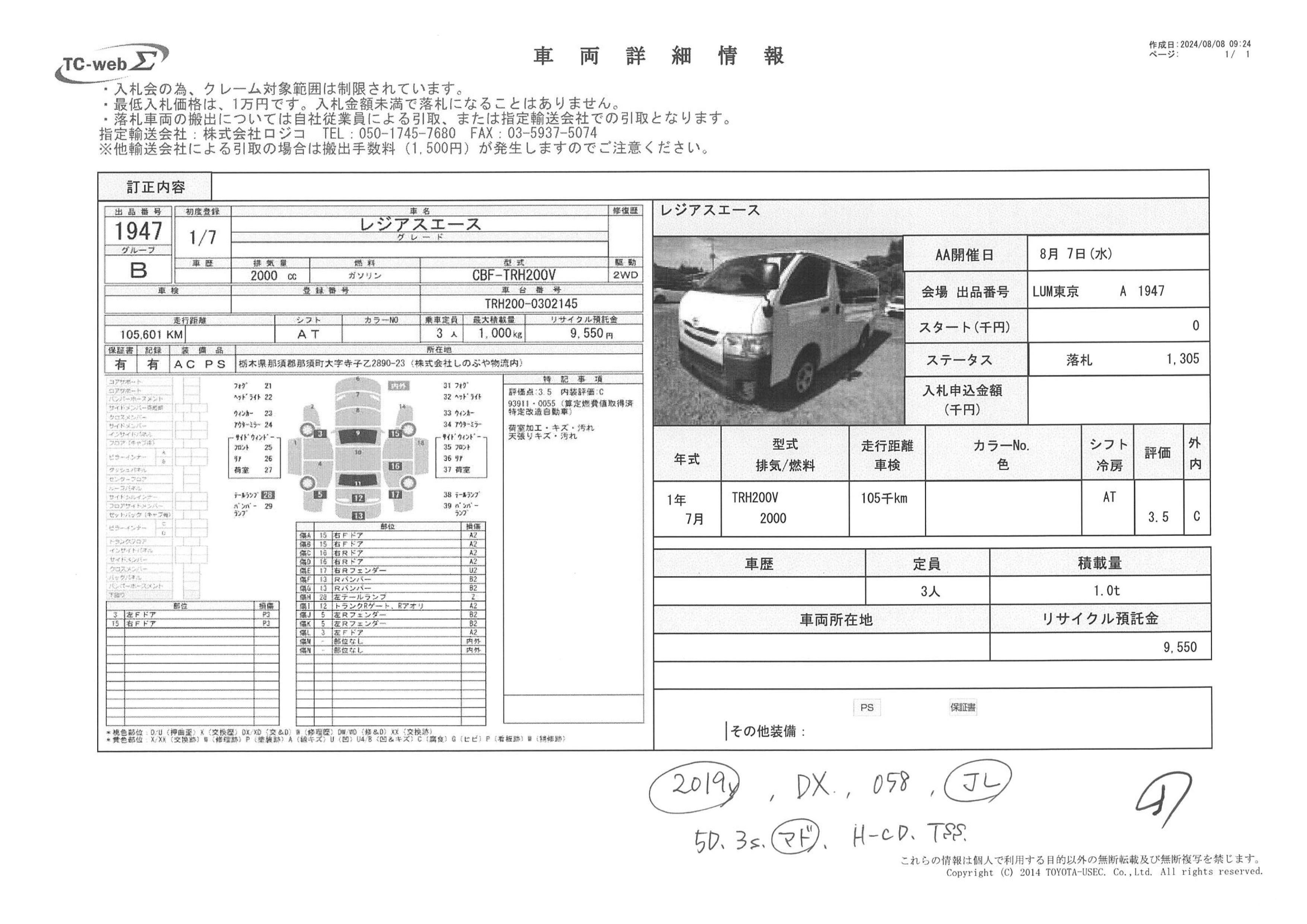 TOYOTA REGIUSACE, TRH200V, DX-PW-JUST LOW, 2019, WHITE COLOUR